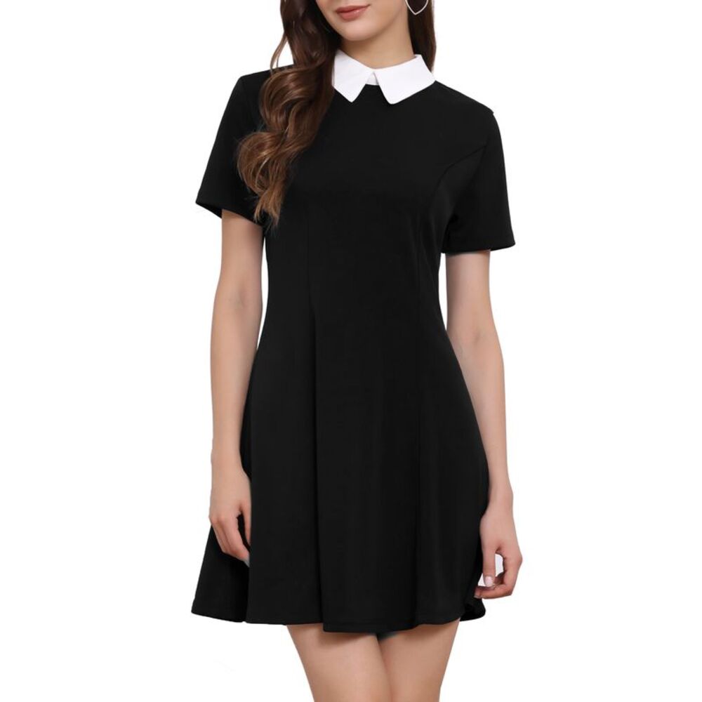 Flare Dress Contrast Doll Collar Short Sleeves Above Knee Dress Black